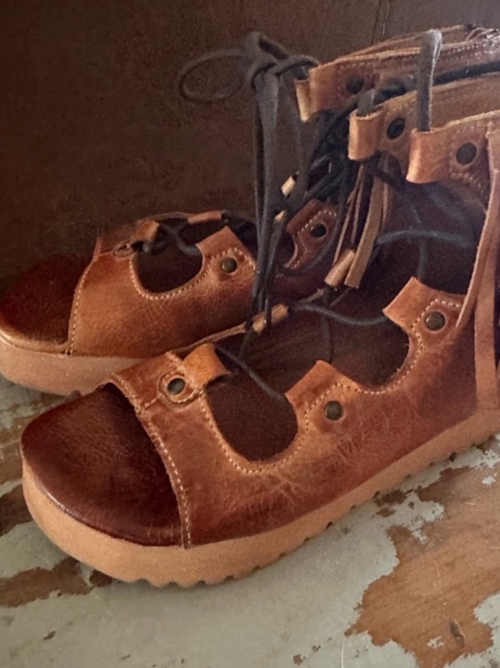 Rare BED STU Sandals MADISON Boho Platform Cognac Fringe Size 7.5